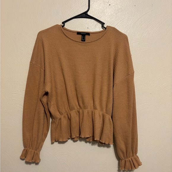 Forever 21 Tan Peplum Blouse with Ruffled Cuffed Sleeves - Picture 1 of 7